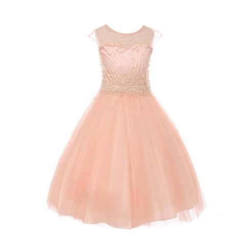 Little Girls Blush Pearl Rhinestone Satin Tulle Illusion Flower Girl Dress 4-6 - SophiasStyle.com